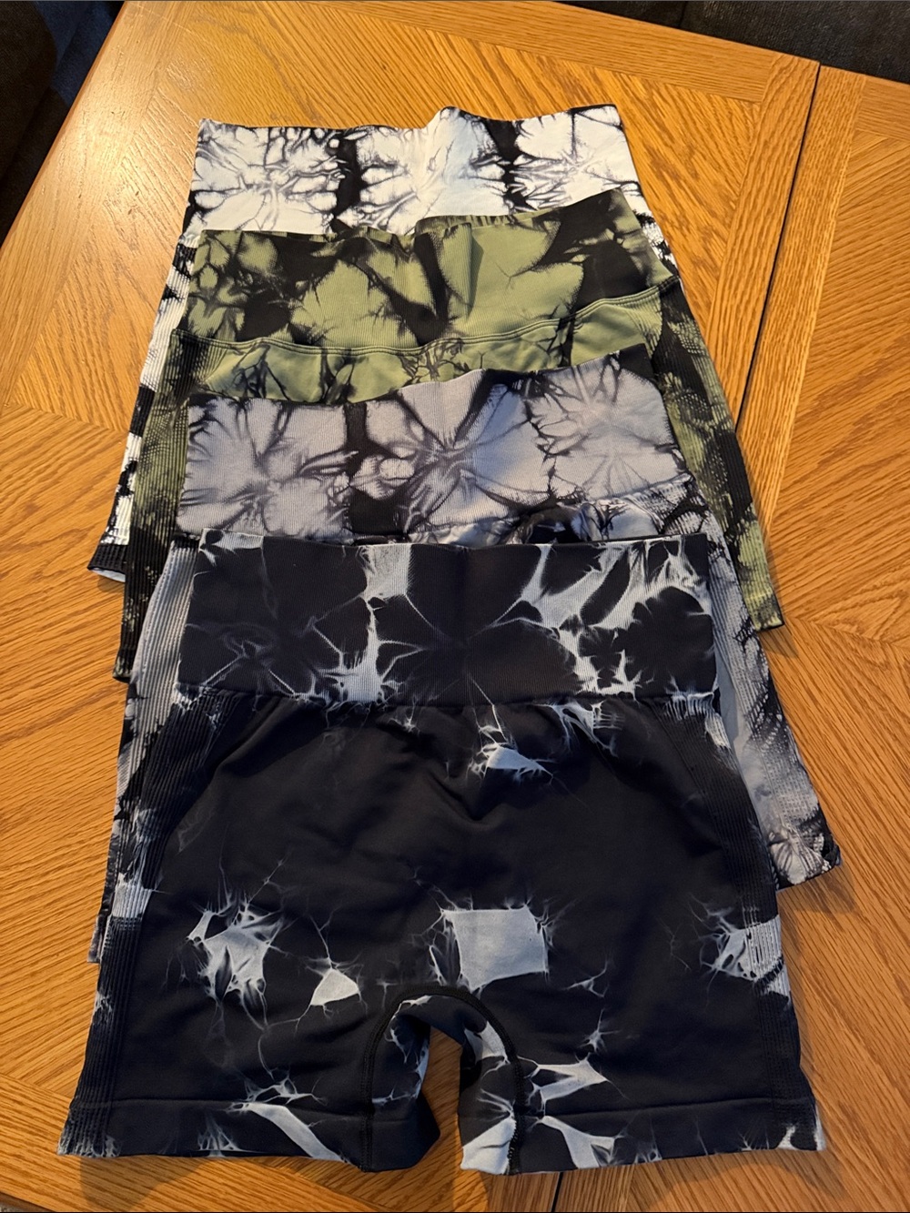 Tie-Dye High-Waist Bike Shorts Stack - Black, Gray, Olive, White